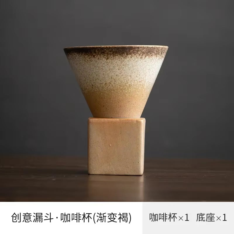 Coarse Pottery Creative Coffee Cup with Base Japanese Retro Conical Ceramic Cups Minimalist Latte Mug Stoneware Master Teacup