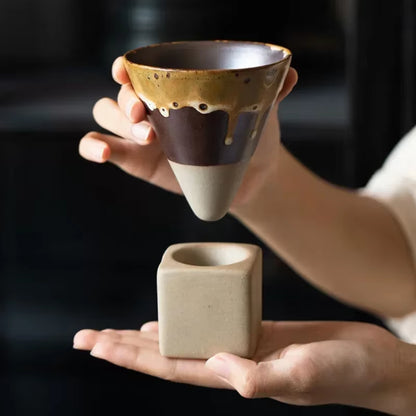 Coarse Pottery Creative Coffee Cup with Base Japanese Retro Conical Ceramic Cups Minimalist Latte Mug Stoneware Master Teacup