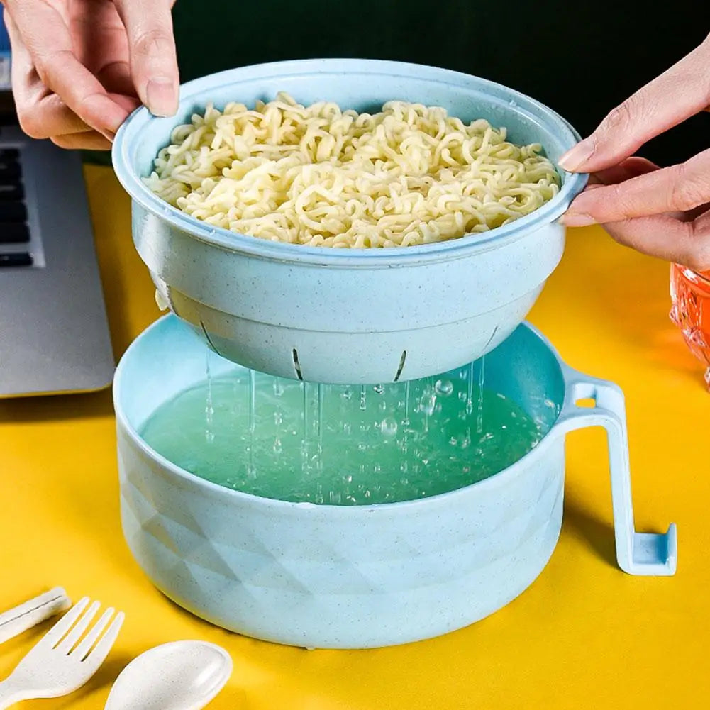 Instant Noodle Bowl with Tableware Large Capacity Environmentally Friendly Wheat Straw Draining Water Bowl Handle Anti-Scalding